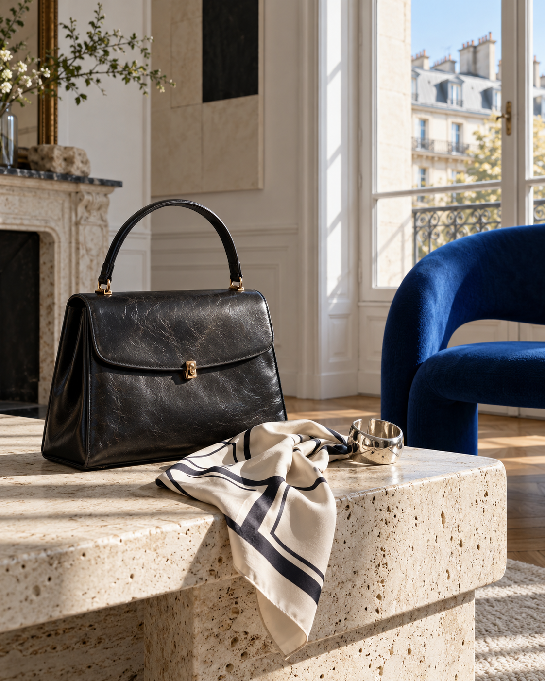 Editorial still life of a vintage-style leather bag, silk scarf and cuff in a light-filled room